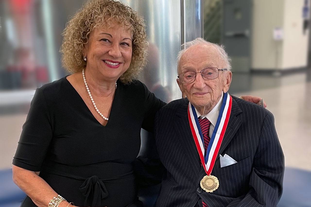Linda Medvin,Director, Arthur and Emalie Gutterman Family Center for Holocaust and Human Rights Education (CHHRE) with Benjamin Ferencz  