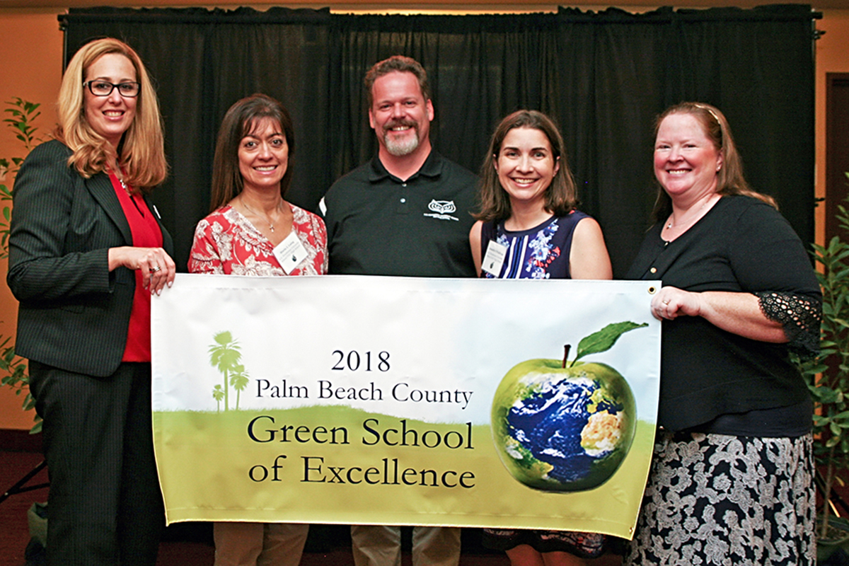 Green Team at A.D. Henderson University School/FAU High School, winner of award for Top Green School of 2018. From left to right are Principal Sherry Bees, Maria Laing, Allan Phipps, Jennifer O’Sullivan, and Kendra Palumbo.
