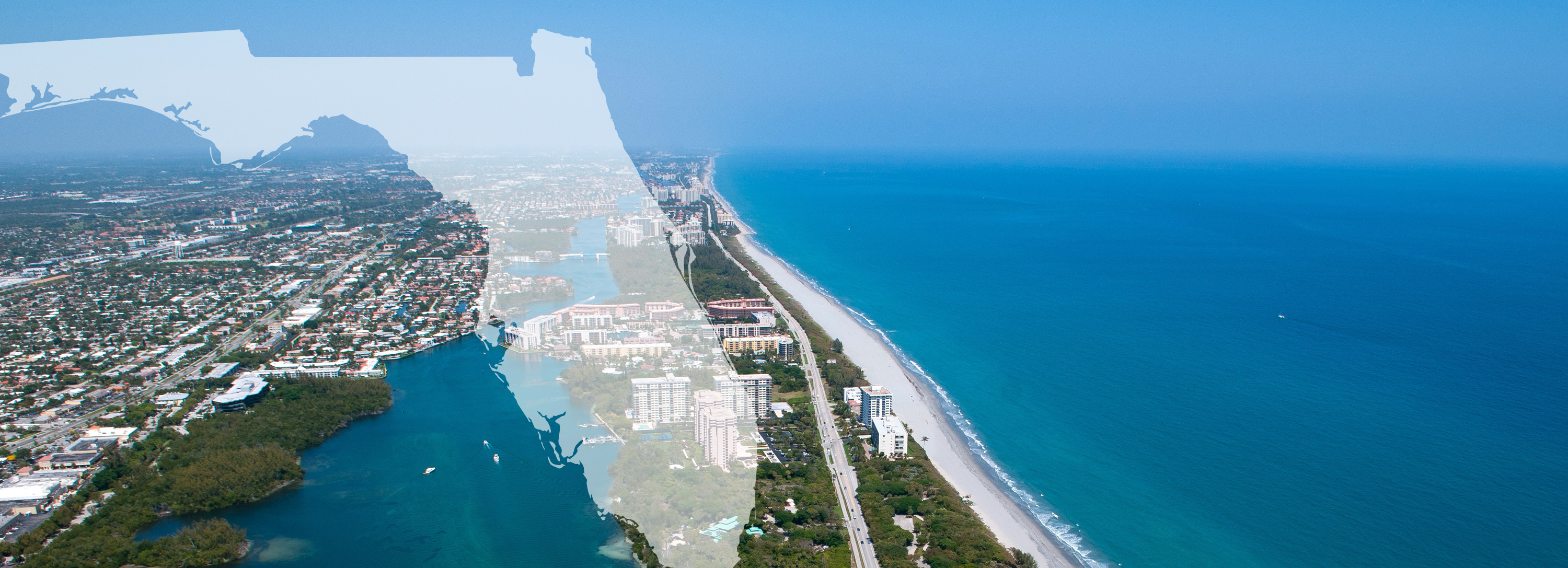 Aerial view of east Boca Raton with an overlay of the Florida Peninsula