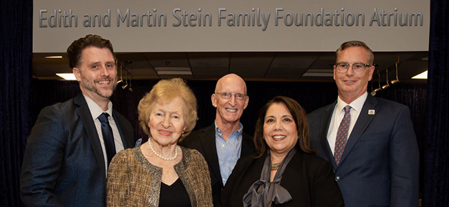 From left, Matt Stabile, producing artistic director of Theatre Lab; Edith Stein, philanthropist; Lou Tyrrell, founding director of Theatre Lab and Dorothy F. Schmidt Eminent Scholar in the Arts; FAU President Stacy Volnick; and Michael Horswell, Ph.D., dean of the Dorothy F. Schmidt College of Arts and Letters.