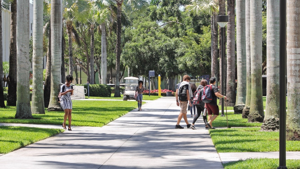 Campus photo showing students walking down Diversity Way
