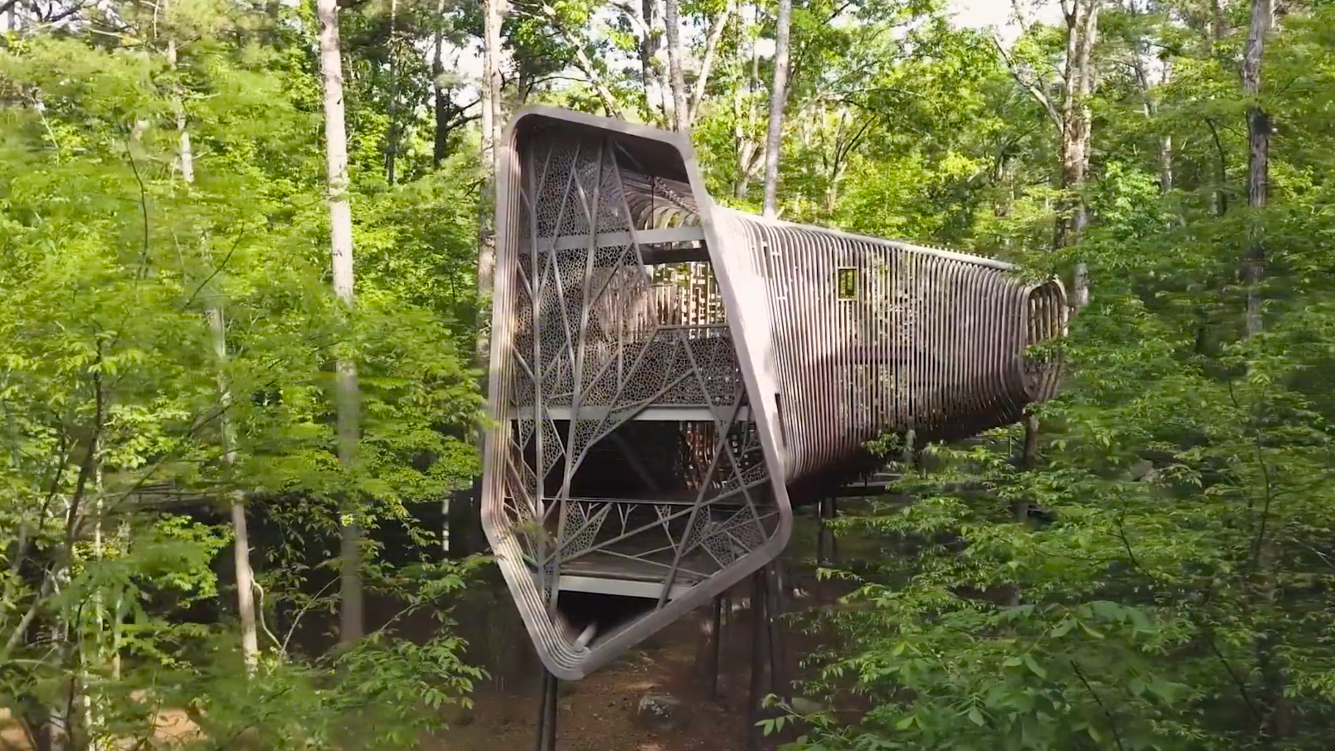The Evans Tree House by modus studio appears as an elongated, tubular structure elevated on slender supports within a dense forest in Arkansas. Its curved wooden slat exterior and exposed geometric steel framework create a sculptural, contemporary treehouse that blends with the surrounding green canopy.