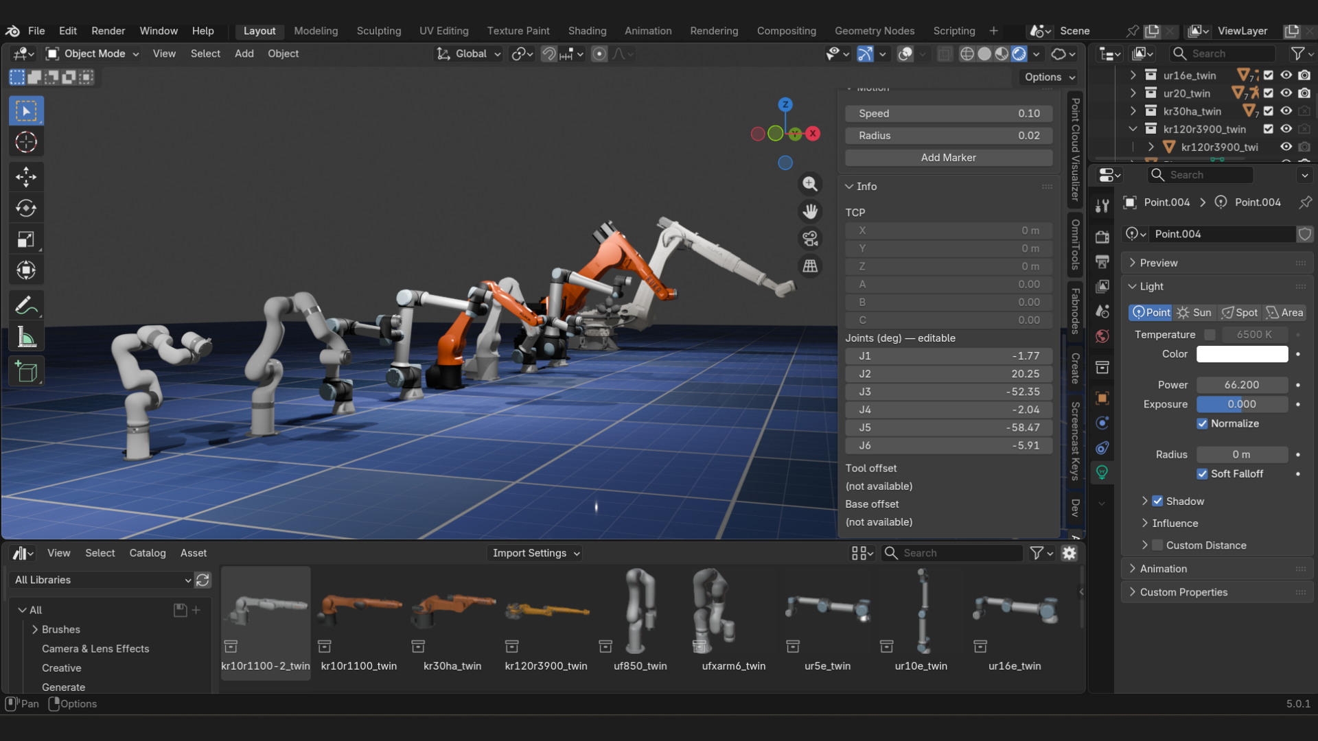 Screenshot of a 3D modeling workspace showing multiple articulated industrial robotic arms arranged in a row on a blue grid floor. The interface displays object controls, lighting settings, and asset thumbnails, indicating the scene is being edited in a robotics simulation environment. The robotic arms vary in size and color, including white and orange models, positioned in different poses across the virtual workspace.