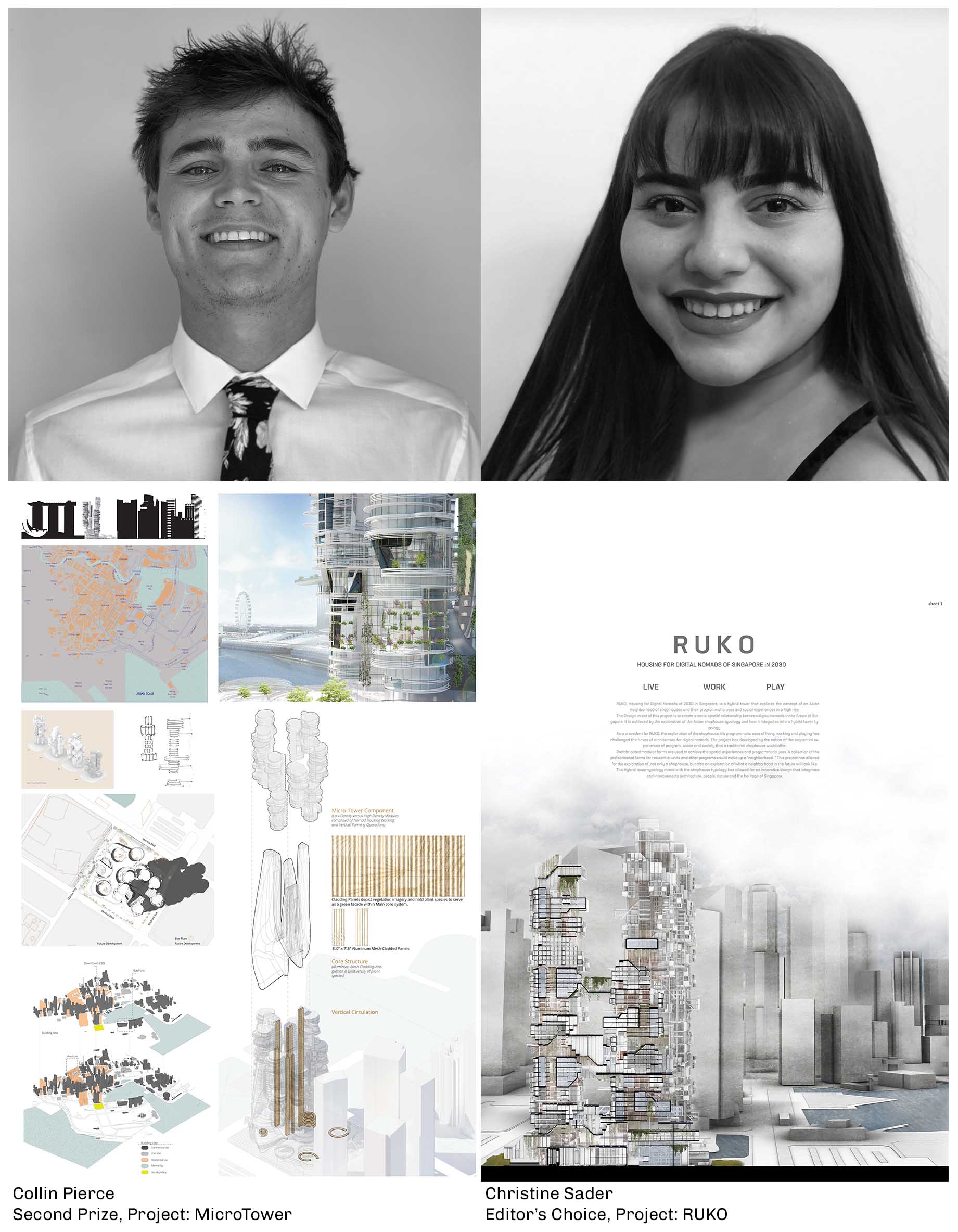 FAU Architecture students, winners of the NomadHouse Design Competition. Left: Collin Pierce, Project: MicroTower, Right: Christine Sader, project: RUKO.