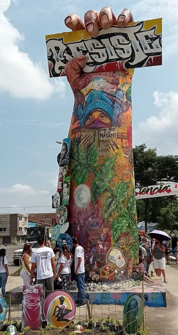 Painted monument with words and collage