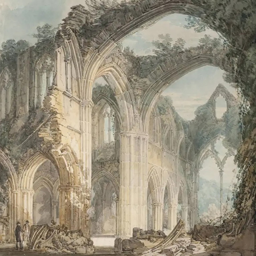 A detailed illustration of large, crumbling gothic arches and ruins, with light filtering through the open structure and small figures in the foreground.