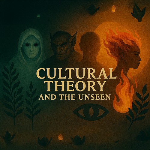 A stylized poster with the title “Cultural Theory and the Unseen,” featuring symbolic figures, including shadowy faces and a flame-haired silhouette, in warm, moody tones.