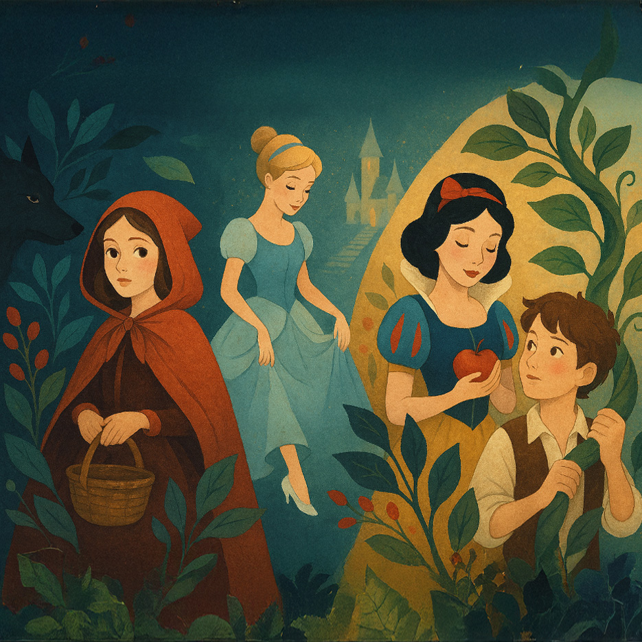 A soft, storybook-style illustration showing characters resembling Little Red Riding Hood, Cinderella, Snow White, and a young boy, set in a forest with a castle in the background.