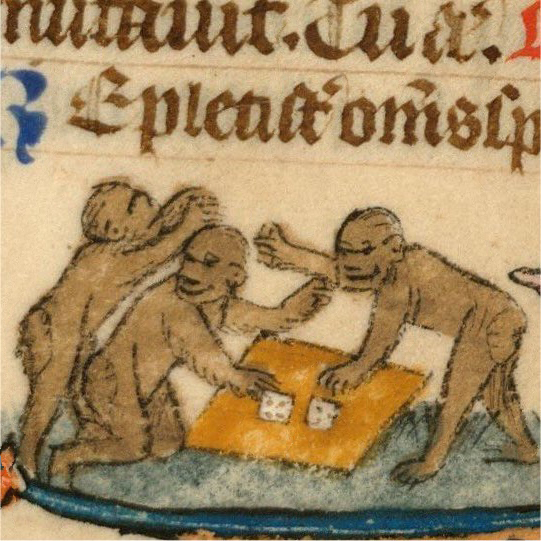 Three nude figures in a medieval manuscript play a dice or card game at a small table, with stylized text above.