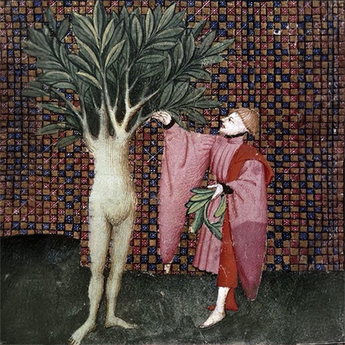 A robed figure reaches toward a tree with a human-like body and leafy head, set against a patterned mosaic background.