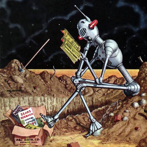 A retro-style robot walks across a rocky, desolate terrain while reading a paper, with discarded boxes and debris nearby.