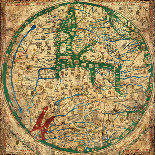 A circular medieval world map filled with rivers, cities, and illustrations, bordered by decorative text and symbols.