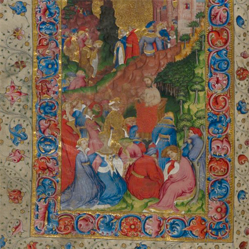 A richly colored manuscript illumination showing a group of robed figures gathered around a central speaker, framed by an ornate floral border.