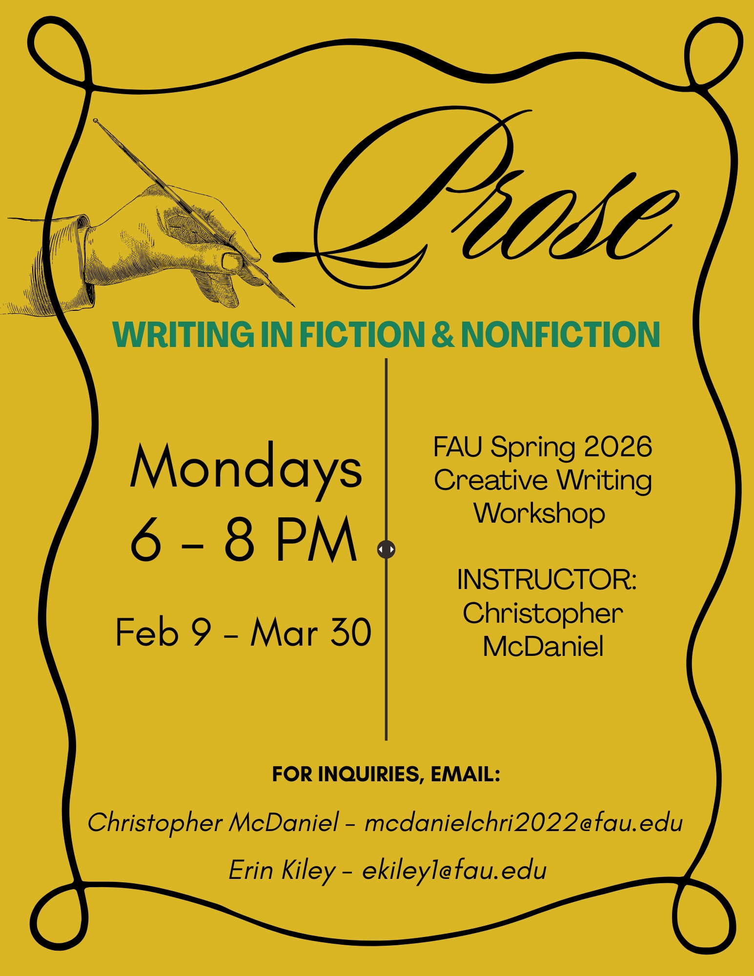 Flyer for Spring 2026 Community Creative Writing Workshop in Prose Writing in Fiction and Nonfiction