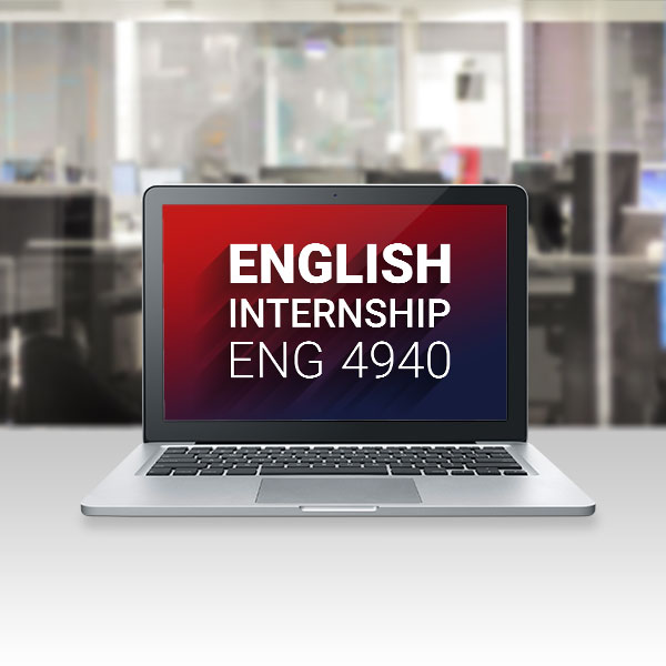 A laptop in an office displays 'English Internship, ENG 4940' on a red and blue screen.