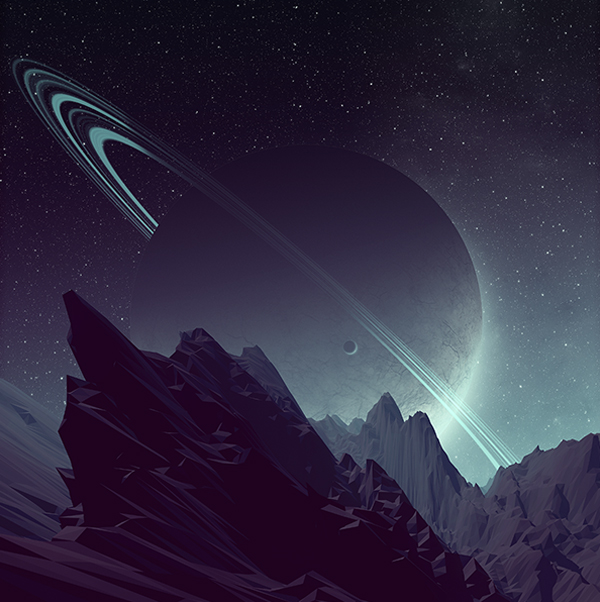 A vast planet with glowing turquoise rings rises above jagged purple mountains beneath a star-filled sky.