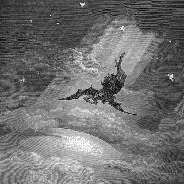 Engraving titled 'Satan Approaching the Earth' (or The Fall of Satan) created by the French artist Gustave Doré in 1866 as an illustration for John Milton’s epic poem Paradise Lost. Engraving depicts a winged figure falling headfirst through a starry, cloud-filled sky.