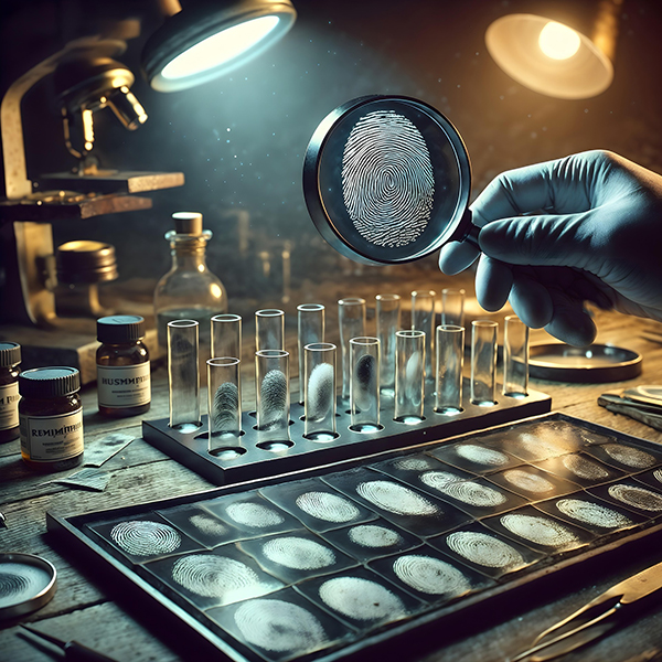 A gloved hand holds a magnifying glass displaying a fingerprint above a laboratory table covered with fingerprint samples and test tubes.