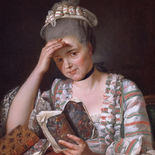 Oil-on-canvas painting created in 1769 by French artist Jacques-Louis David, titled Portrait of Madame François Buron. Painting depicts a woman in a striped dress holding an open book with one hand while resting the other against her forehead.