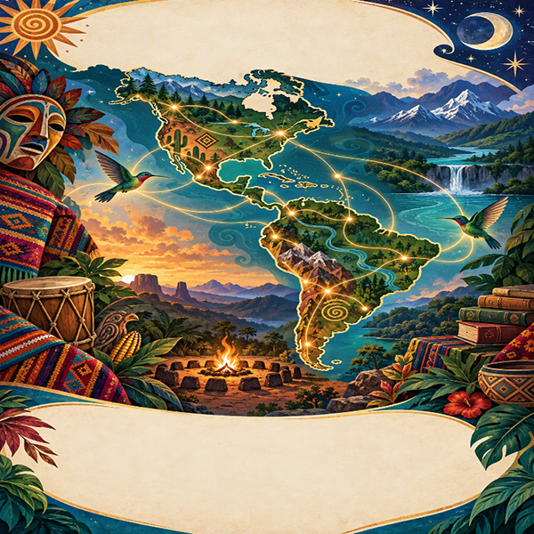 A colorful illustrated map of the Americas features glowing connections surrounded by mountains, rivers, hummingbirds, woven textiles, a mask, a drum, books, and a campfire beneath sun and moon motifs.