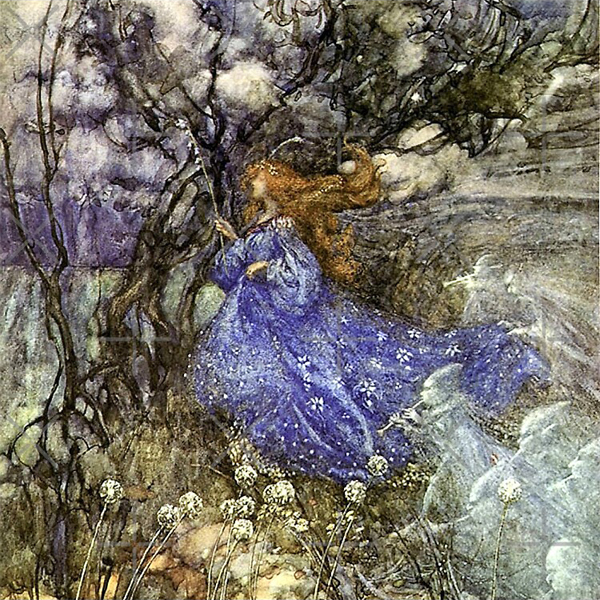 Illustration is titled 'A Fairy' (often referred to with Queen Titania imagery) by the English book illustrator Arthur Rackham created around 1908. Illustration shows a long-haired figure in a flowing blue floral dress among tangled trees, white flowers, and pale winged figures.