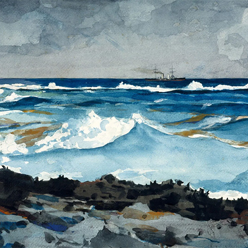 Watercolor painting of ocean waves crashing onto a rocky shore, with a small ship on the horizon under a cloudy sky.