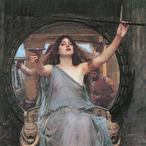 Painting of a woman in a flowing gown seated in a chariot, holding a cup and staff, framed by a circular opening with figures behind her.