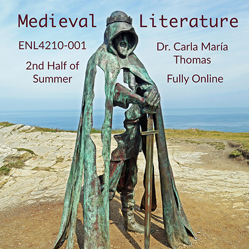Course poster showing a hooded medieval statue leaning on a sword overlooking a coastal landscape, with text about a medieval literature class