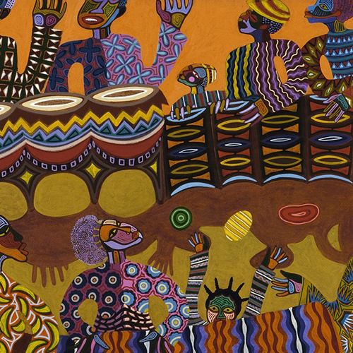 Colorful painting of stylized figures dancing and playing drums in a lively, patterned scene.