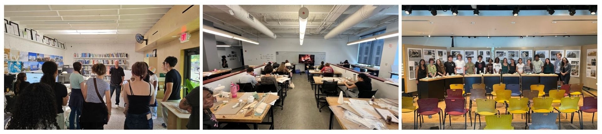 Wide composite image showing three scenes from an architecture summer program. The left panel shows a group of students standing in a studio space, listening to an instructor speak; bookshelves, architectural drawings, and computers line the walls. The middle panel shows students seated at long tables working on models and drawings in a bright studio with large windows and overhead ductwork. The right panel shows a row of students and instructors standing behind tables displaying architectural models and posters, facing rows of empty colorful chairs set up for a presentation or review.