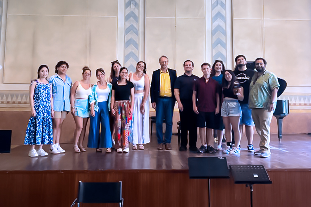 Maestro Giuseppe Bruno and Dr Mitchell Hutchings with FAU Opera in Italy Students at Sala Dante in La Spezia