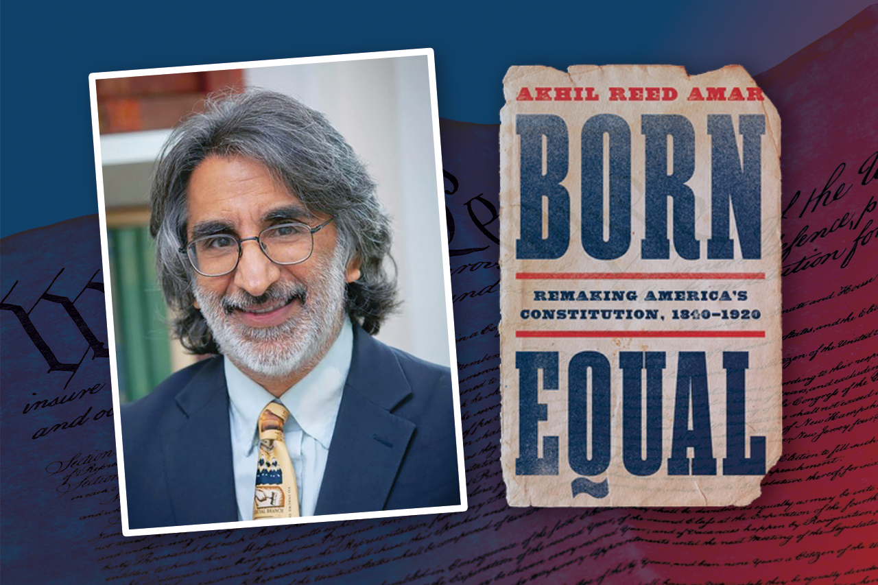 Headshot image of Akhil Reed Amar smiling, wearing a suit and tie and his book cover for