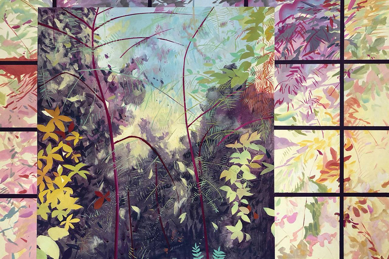 Harumi Abe, Pine Island, 2018, gouache and acrylic on canvas, 36 x 48.