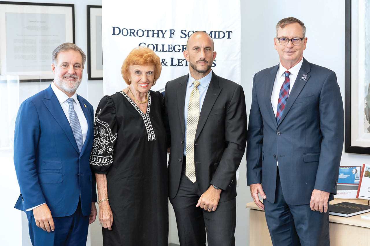 From left, FAU President Adam Hasner; FAU benefactor Marilyn Wallach; Mark Wallach; and Michael Horswell, Ph.D., dean of the Dorothy F. Schmidt College of Arts and Letters at FAU, celebrate the start of construction of the Kurt and Marilyn Wallach Holocaust and Jewish Studies Building.