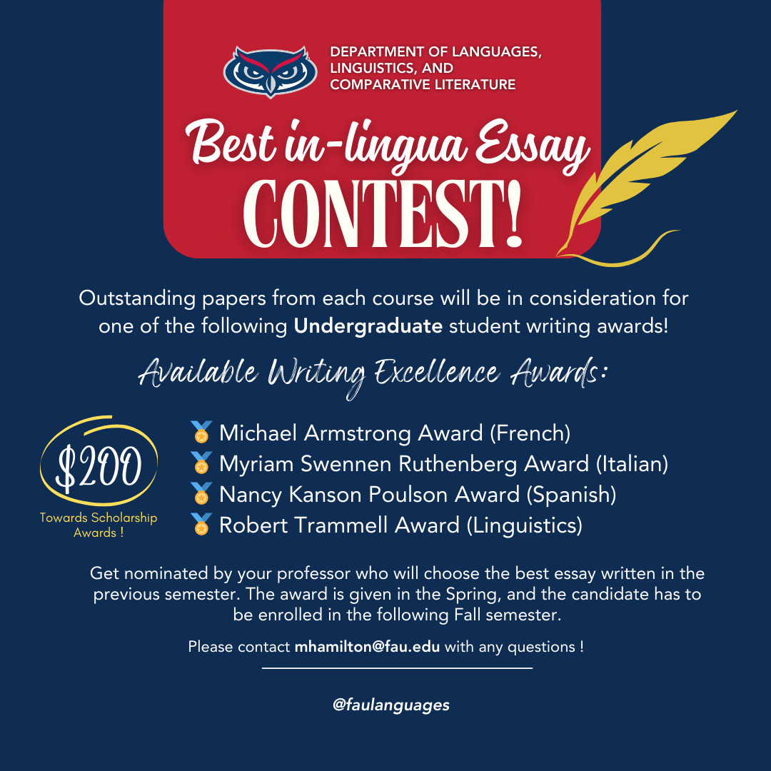 The image is a promotional poster for a writing contest titled "Best in-lingua Essay Contest!" at the Department of Languages, Linguistics, and Comparative Literature. The upper portion features a red banner with a stylized owl and the department name. The main text is bold and white, emphasizing the contest title. Below, there's information about available awards and a $200 scholarship opportunity, with bullet points listing awards for French, Italian, Spanish, and Linguistics. The background is dark blue with red and yellow accents, including a quill pen illustration. At the bottom, it provides contact information and a social media handle in white text.
