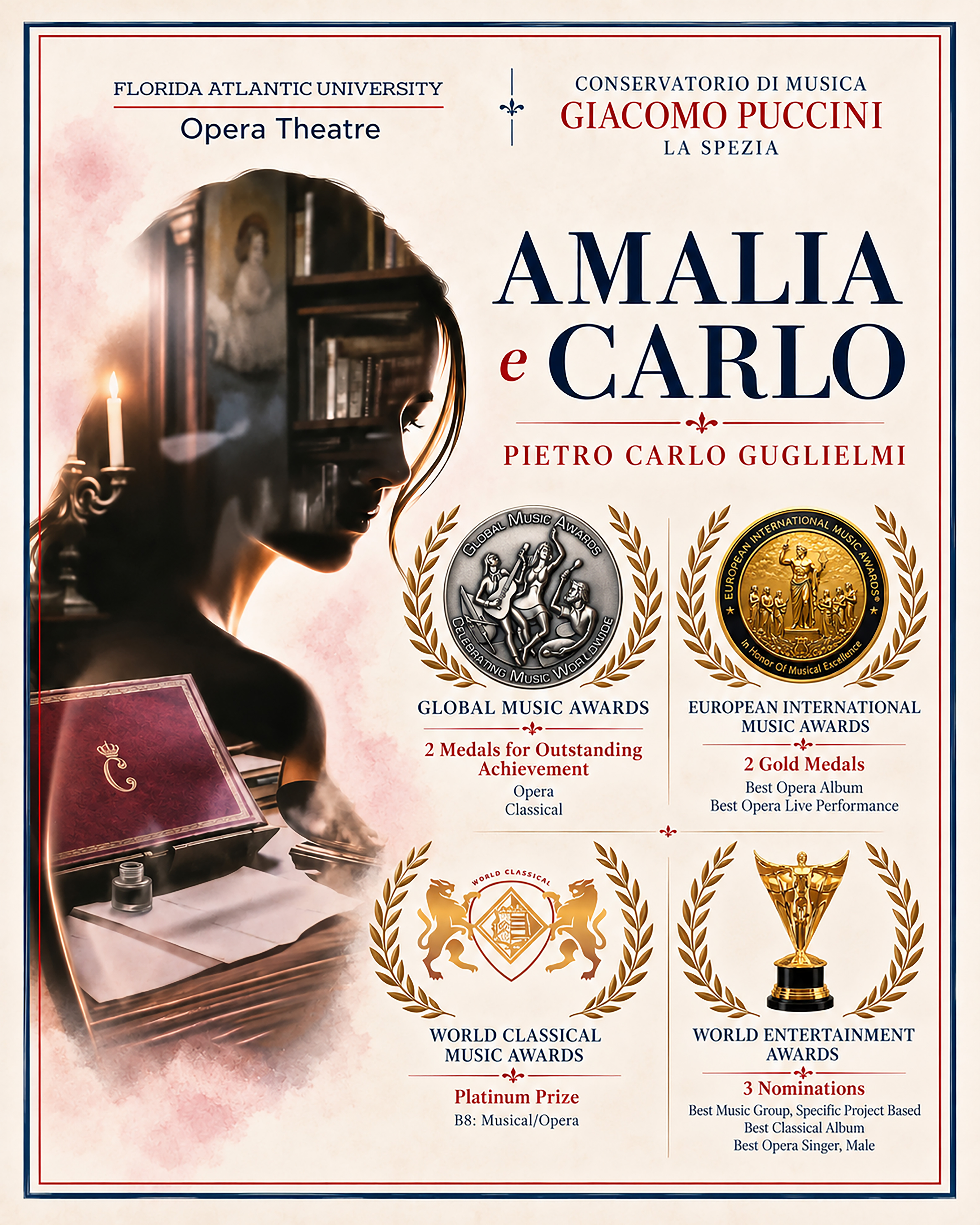 Florida Atlantic University Opera Theatre’s production of Pietro Carlo Guglielmi’s Amalia e Carlo has received five international awards and three additional nominations. Honors include two 2026 Global Music Awards for Outstanding Achievement in Opera and Classical, two European International Music Awards Gold Medals for Best Opera Album and Best Opera Live Performance, and a World Classical Music Awards Platinum Prize in Musical/Opera. The project has also earned three World Entertainment Awards nominations for Best Classical Album, Best Music Group (Specific Project Based), and Best Opera Singer, Male.