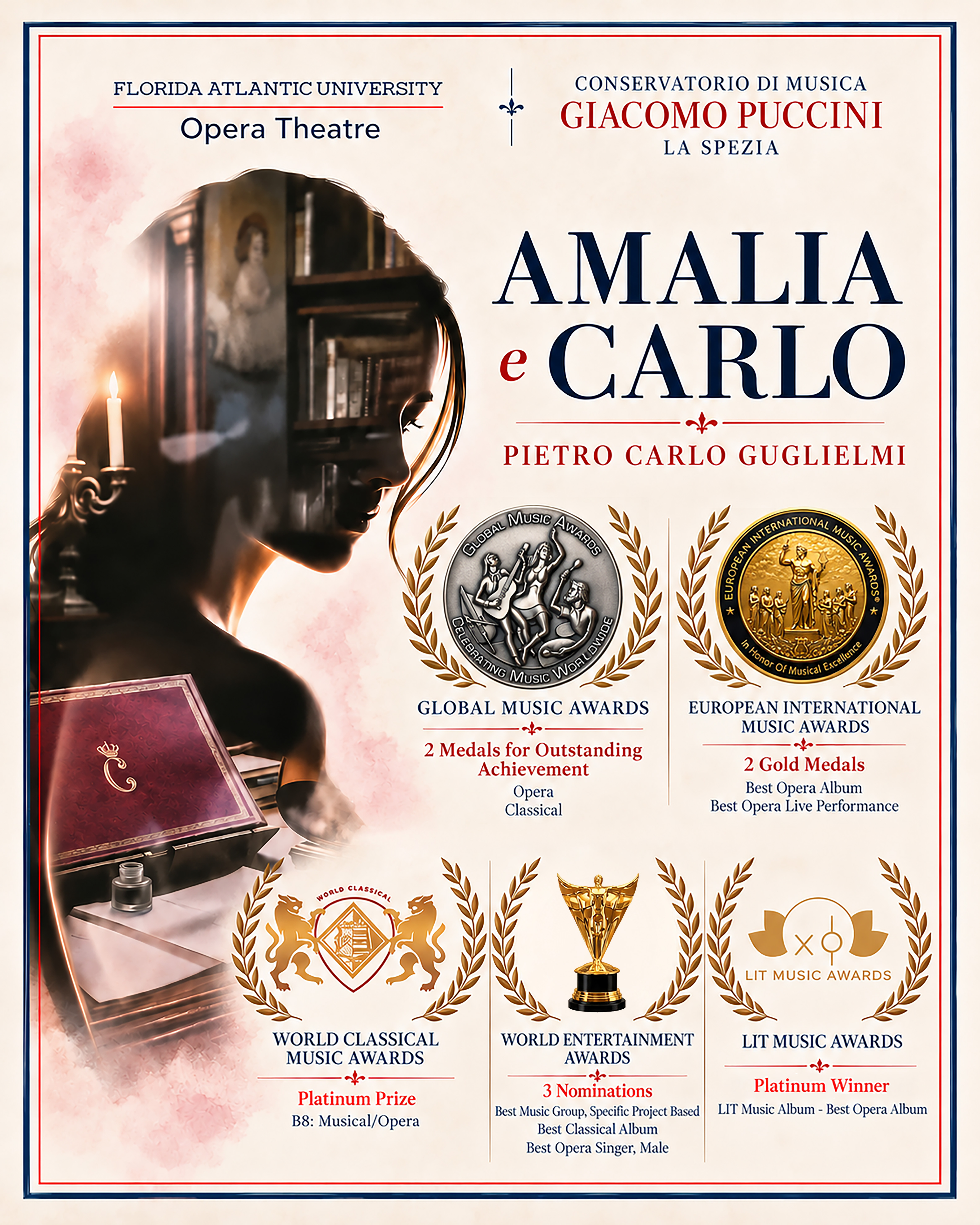 Florida Atlantic University Opera Theatre’s production and world-premiere recording of Pietro Carlo Guglielmi’s Amalia e Carlo has received a growing list of international honors. The project has earned two 2026 Global Music Awards for Outstanding Achievement in Opera and Classical, two European International Music Awards® Gold Medals for Best Opera Album and Best Opera Live Performance, and a 2026 LIT Music Awards Platinum Award for Best Opera Album. It has also received three 2027 World Entertainment Awards nominations for Best Classical Album, Best Music Group (Specific Project Based), and Best Opera Singer, Male. In addition, Mitchell Hutchings received a World Classical Music Awards Platinum Prize Musical/Opera for his performance as Count Onorio Ambrogi, based on audio from the recording.