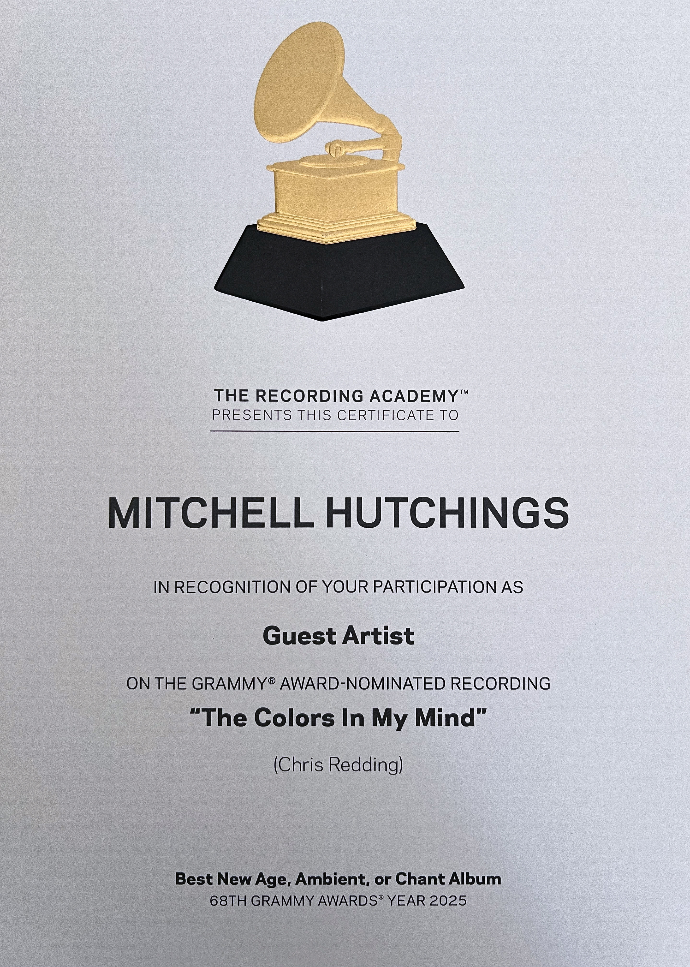 Recording Academy certificate recognizing Dr. Mitchell Hutchings as a guest artist on Chris Redding’s Grammy-nominated recording The Colors in My Mind, nominated for Best New Age, Ambient, or Chant Album at the 68th Grammy Awards in 2025