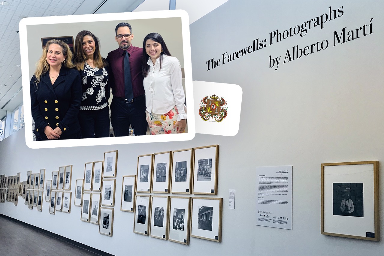 FAU’s Rho Omicron Chapter of Sigma Delta Pi (l-r): Luzmila Perez (Secretary), Roxana Ambrosini (VP), Luis Reyes (COSO Representative/Treasurer), Gabriela Penagos (President); “The Farewells, Photographs by Alberto Marti” Exhibition