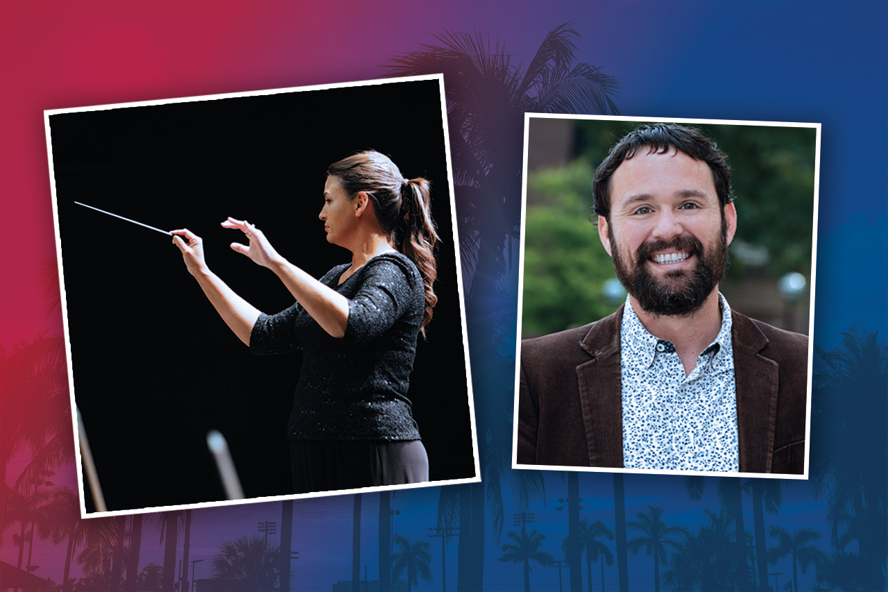 (l-R) Stacie Rossow, conducting, and Nick Underwood, smiling 
