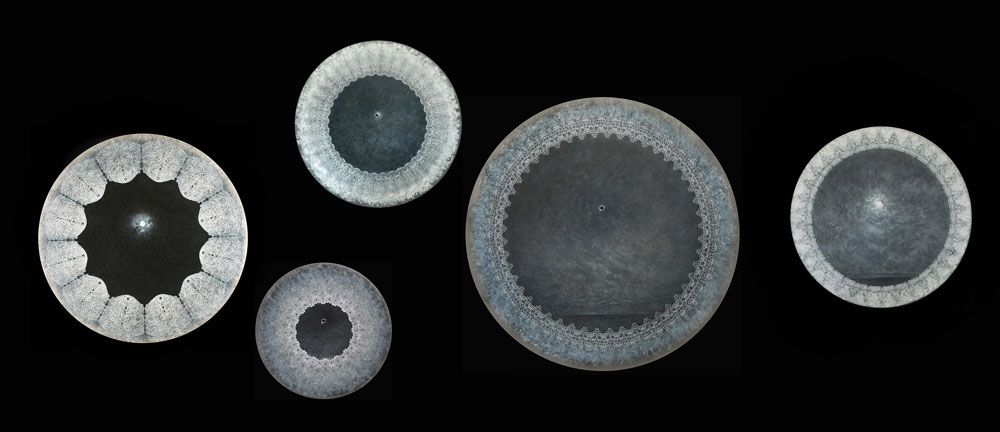 Many Moons (Selene, Totality, Diamond Ring, Between Night and Day, Crescent) Silverpoint, acrylic on acrylic circles ranging from 30-60 inches in diameter 2018-2020