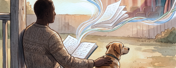 Illustration of man sitting on a porch with a dog reading a script