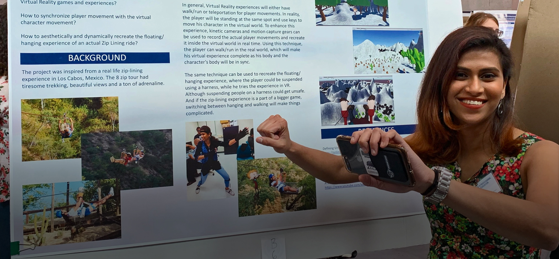 Recent MFA Graduate Monisha Selvaraj gives a poster presentation on her virtual reality research at the 2019 FAU Research Symposium.