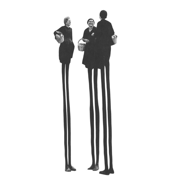 Surreal black-and-white collage of three people with extremely elongated legs, holding baskets and interacting. Their upper bodies appear realistic, while their legs are exaggeratedly long and thin, set against a plain white background.