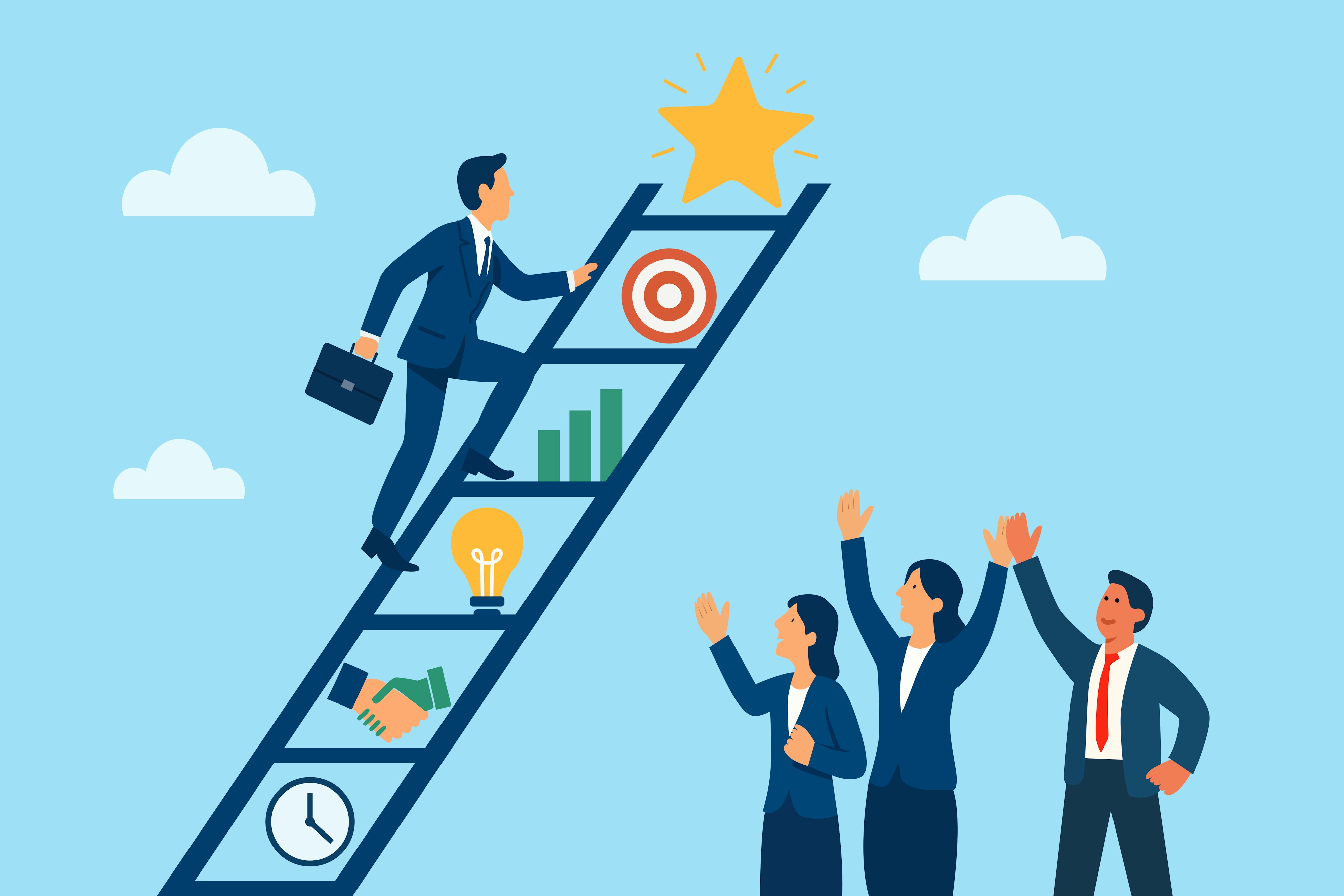Male work climbing ladder that has images inbetween every step. Images include a clock, a paif of hands in a handshake, a lightbulb, a bar graph, a dart board, and a star at the very top. In the background is a sky with clouds and two women workers and another male worker waving at him from the bottom of the ladder.