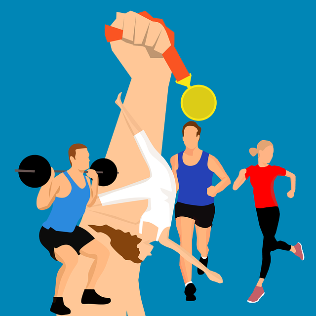 Graphic of various people working out. There is a hand holding a hand, a male squatting a barbell with weights on each side, a female upside from doing a flip, and a women and male running.