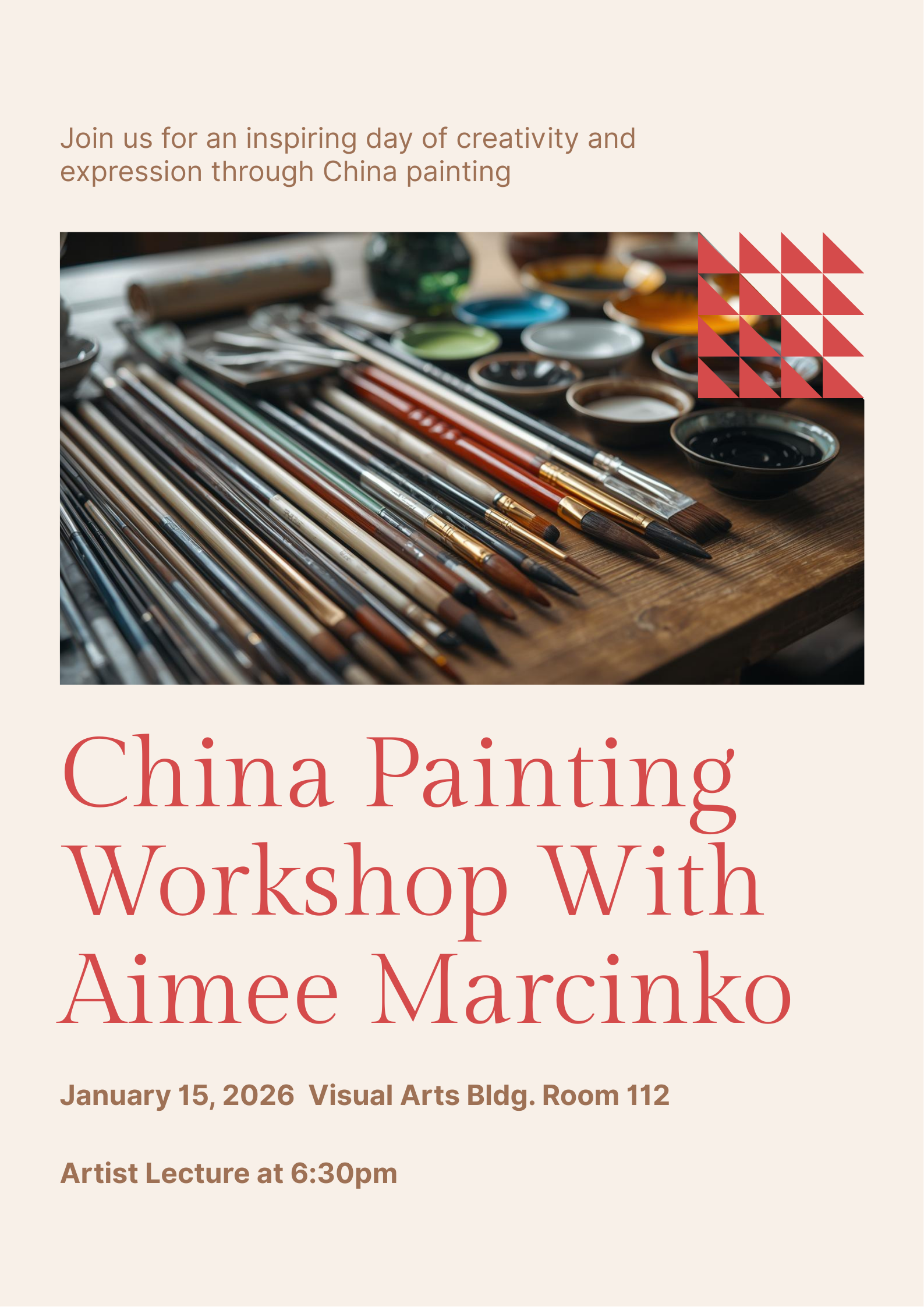 We will be having an all day China Painting Workshop in the Visual Arts Building Room 112 on January 15th.  For more information, please reach out to Professor Kolhouse at rkolhouse@fau.edu.