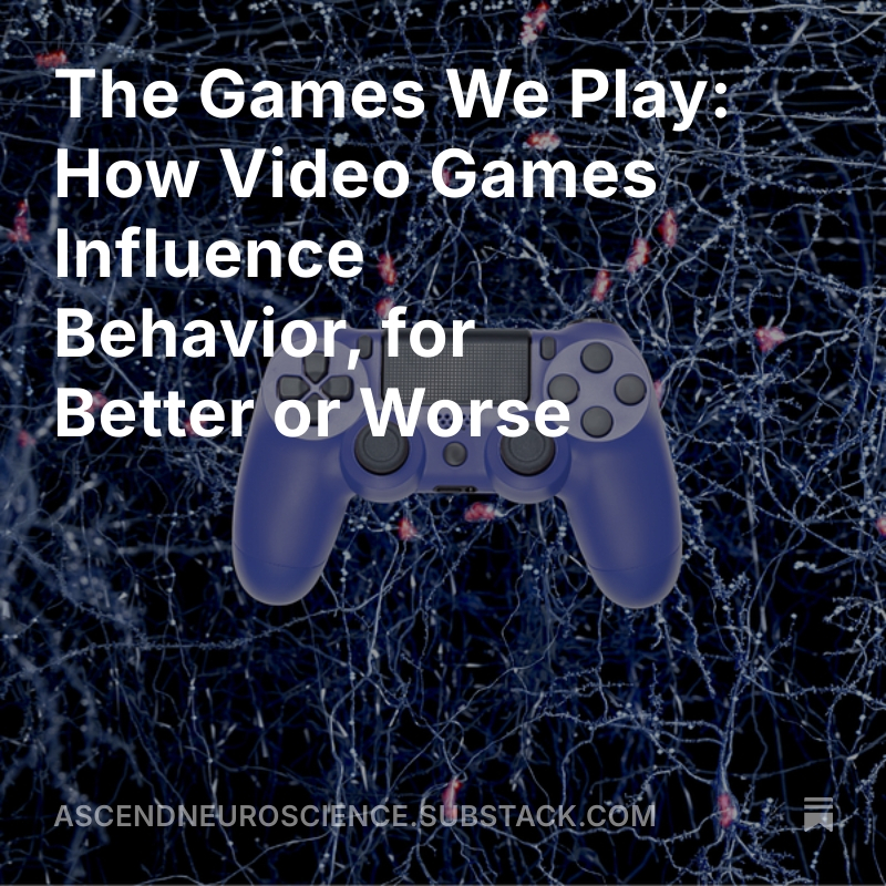 Purple video game controller against a background of bright blue neurons on a dark blue background. The text 'The Games we Play: How Video Games Influence Behavior, for Better or Worse' is in the center in bold white font.