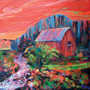 art by SHEILA CAREY; colorful landscape with barn