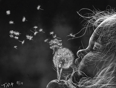 art by THOM SLAUGHTER; child blowing dandelion in black and white